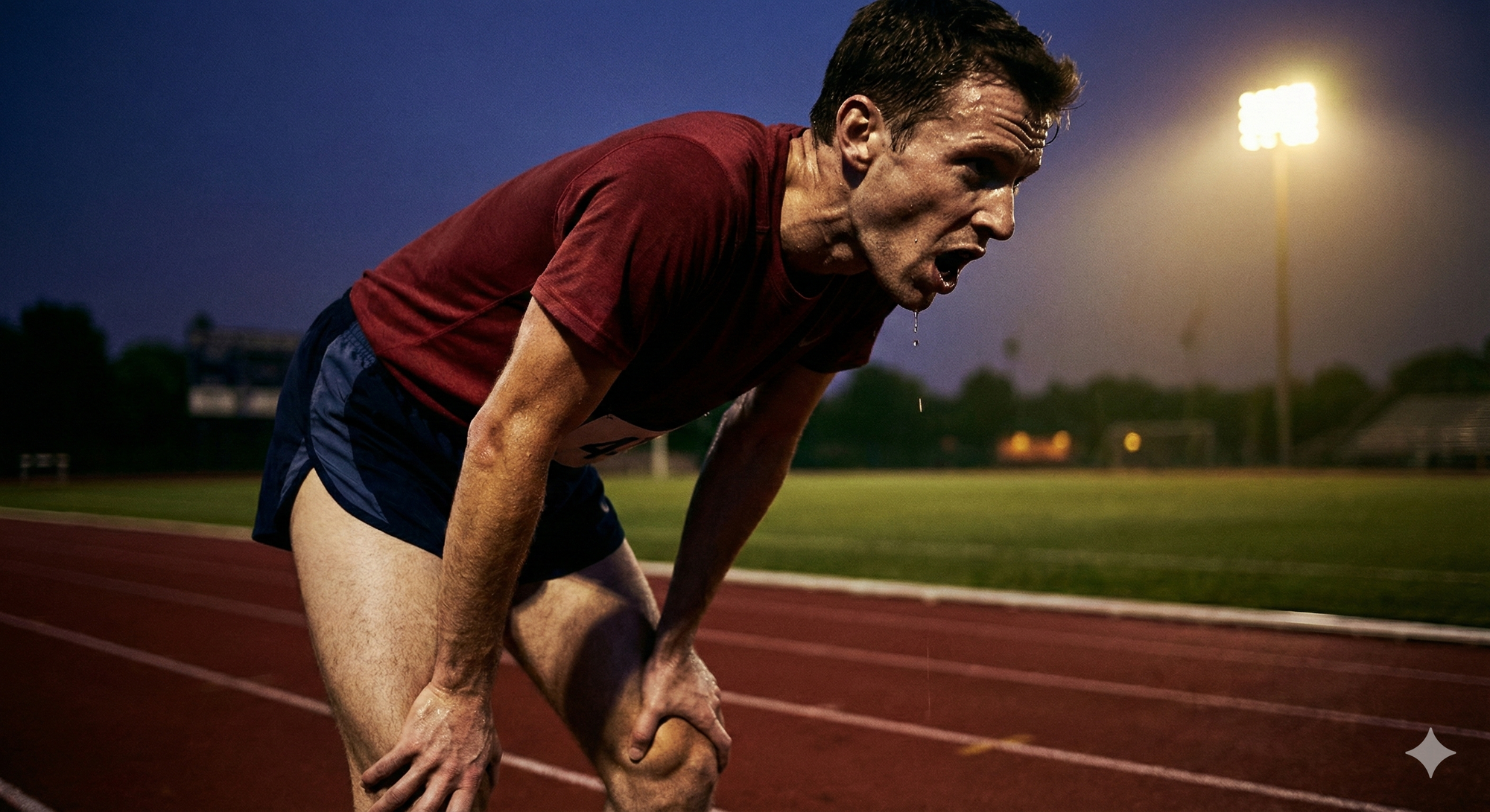 A gritty, high-contrast black and white photograph of a male athlete at the absolute limit of physical exertion, perhaps after a sprint.