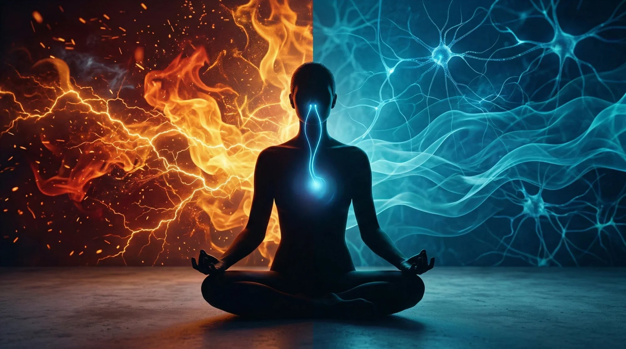 A high-end cinematic wide-angle shot (16:9) of a human silhouette in a meditative pose. The image is split artistically down the middle.
