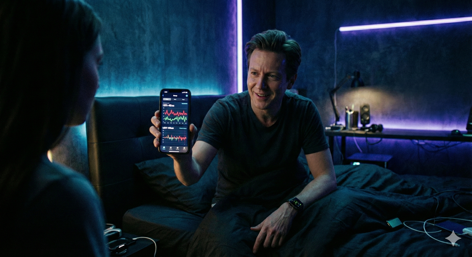 A cinematic, moody photograph of a person sitting up in bed just after waking in a dark, modern bedroom.