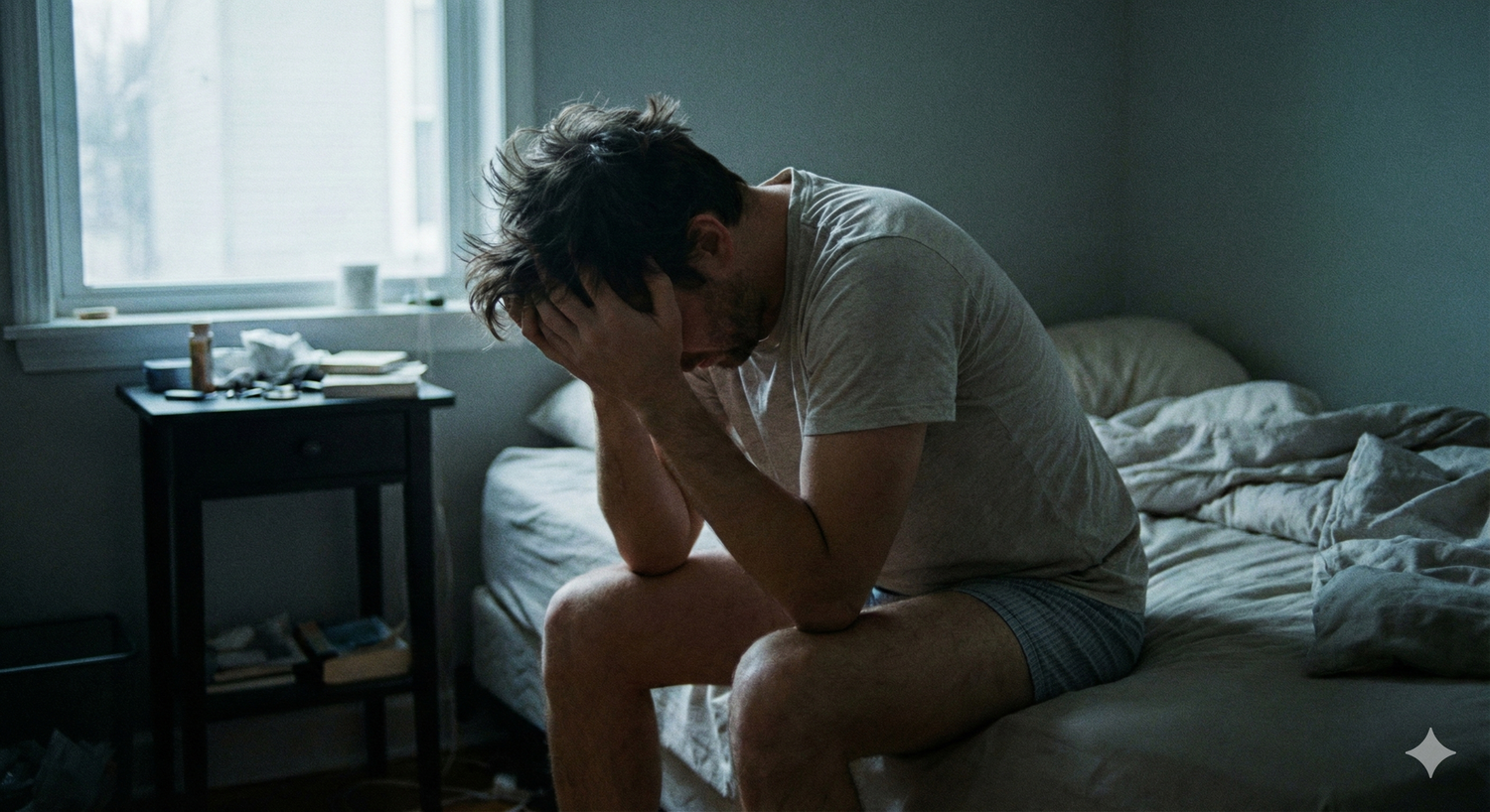 A man sitting on the edge of his bed in the morning.