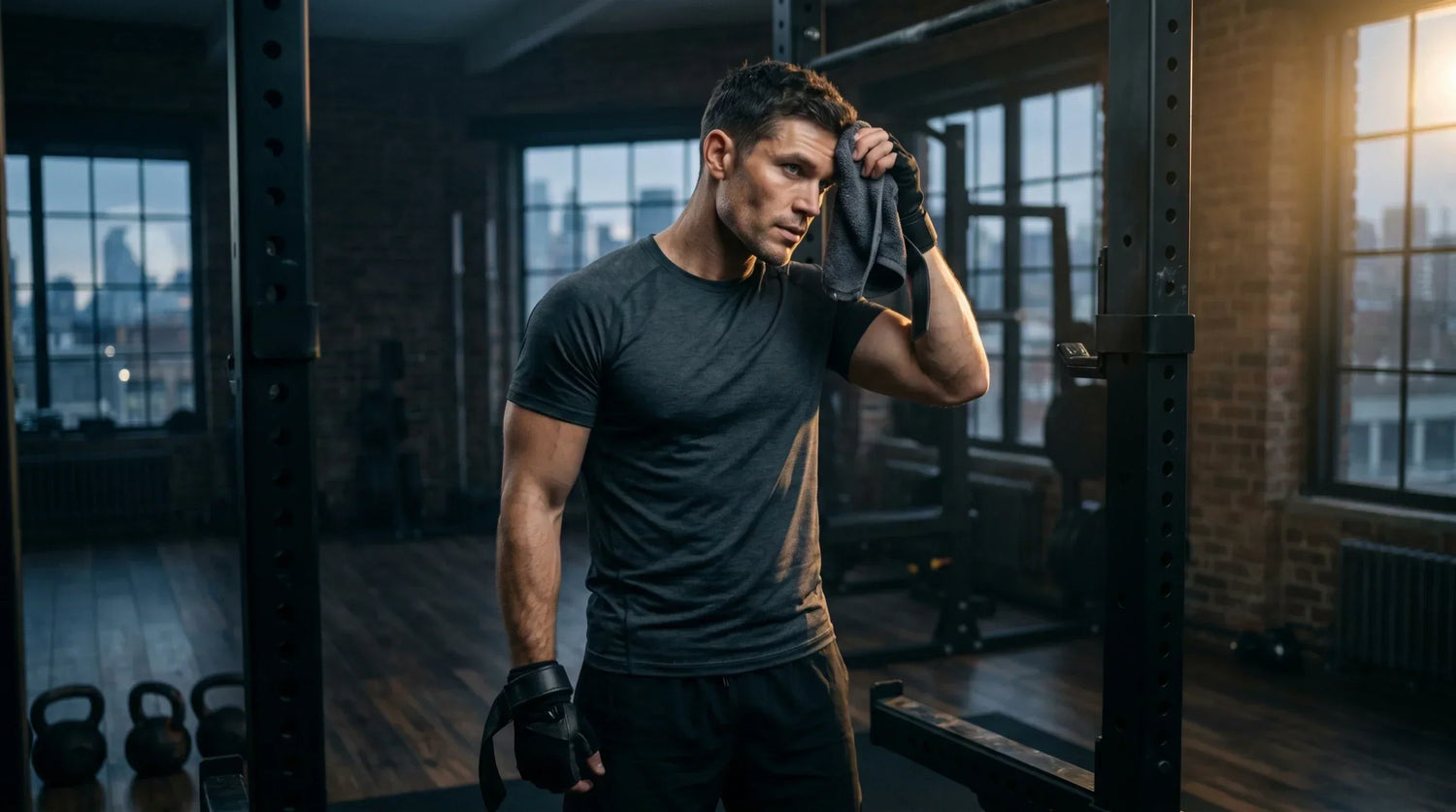 A photorealistic, highly detailed cinematic wide shot of a confident, athletic man in his early 30s exuding peak masculine energy, vitality, and deep focus.