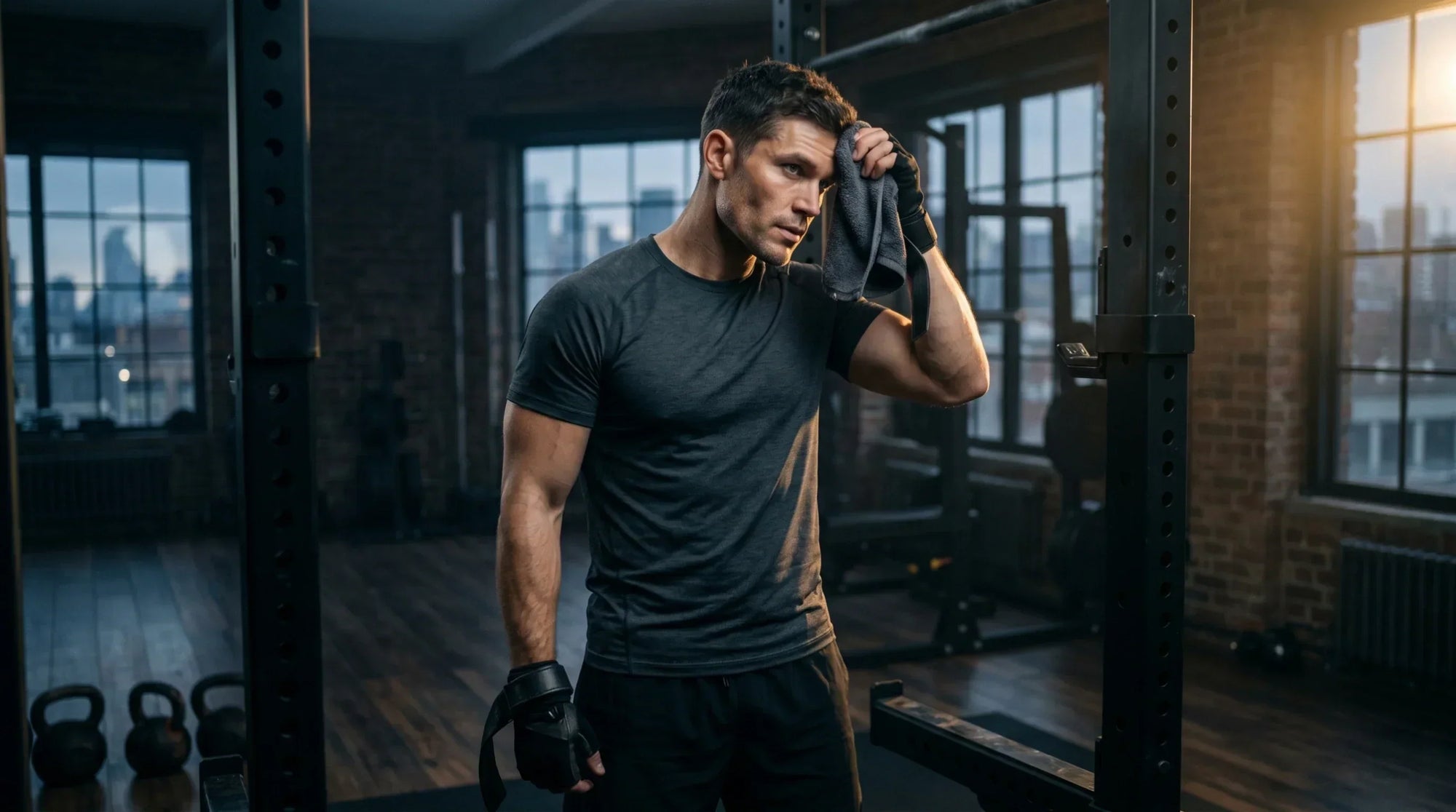 A photorealistic, highly detailed cinematic wide shot of a confident, athletic man in his early 30s exuding peak masculine energy, vitality, and deep focus.