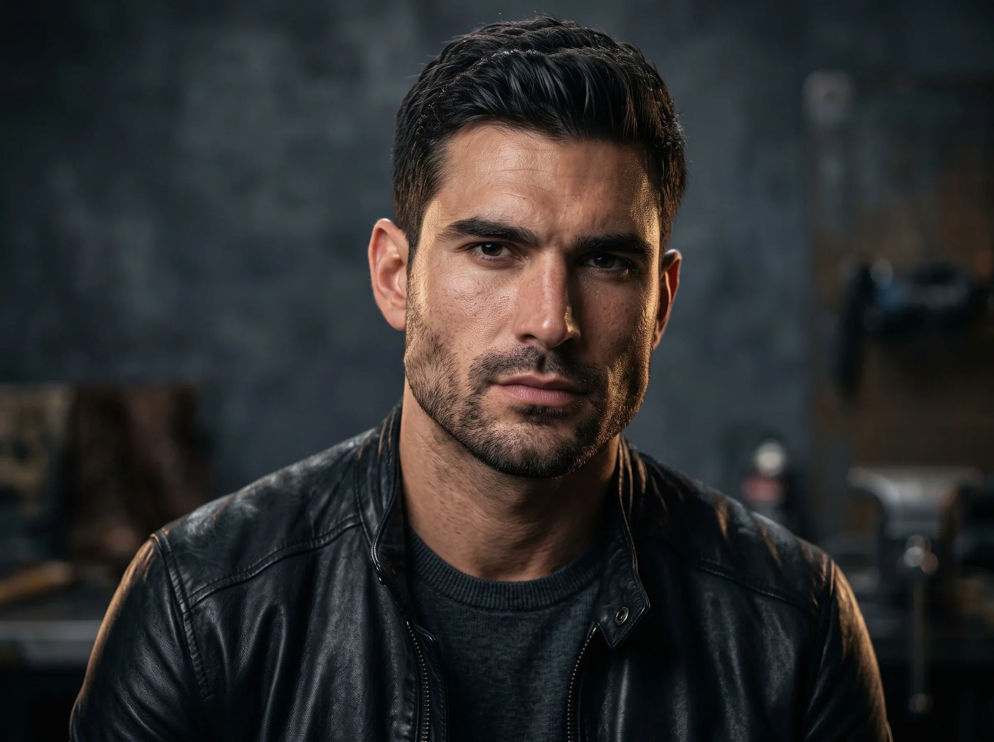 A photorealistic, highly detailed cinematic portrait (4:3 aspect ratio) of a handsome, confident man in his late 20s with a strikingly broad, angular jawline and sharp facial features.
