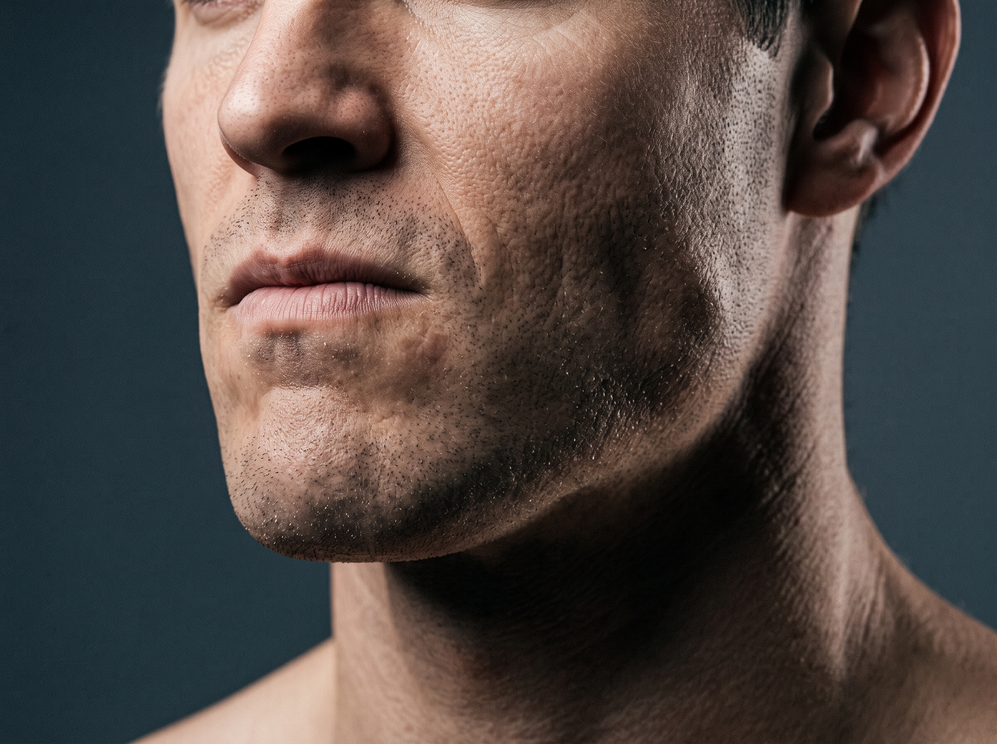 A sophisticated, high-contrast square photograph (4:3 aspect ratio) focusing on the biomechanics and muscle activation of a strong male face.