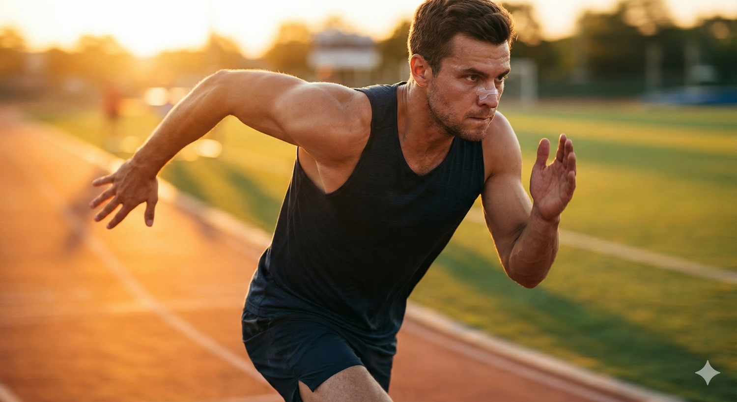 A muscular man sprinting on an outdoor track. He is wearing a discreet, transparent nasal strip across the bridge of his nose.