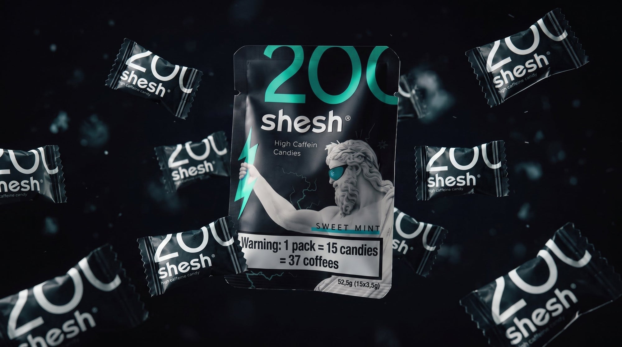 SHESH 200 mg caffeine candy pack surrounded by candies