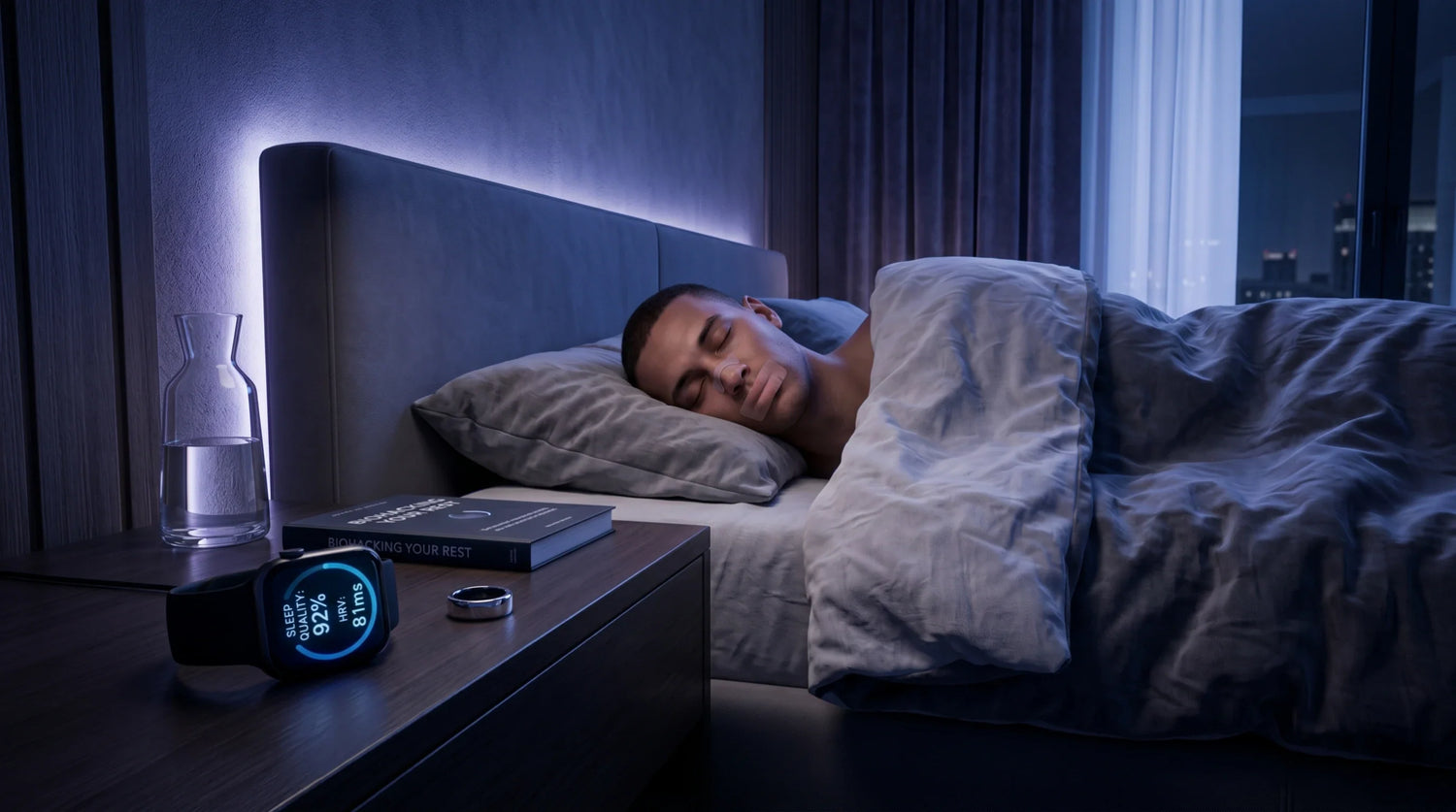 A photorealistic, cinematic wide shot capturing the essence of deep, restorative sleep and modern health optimization.