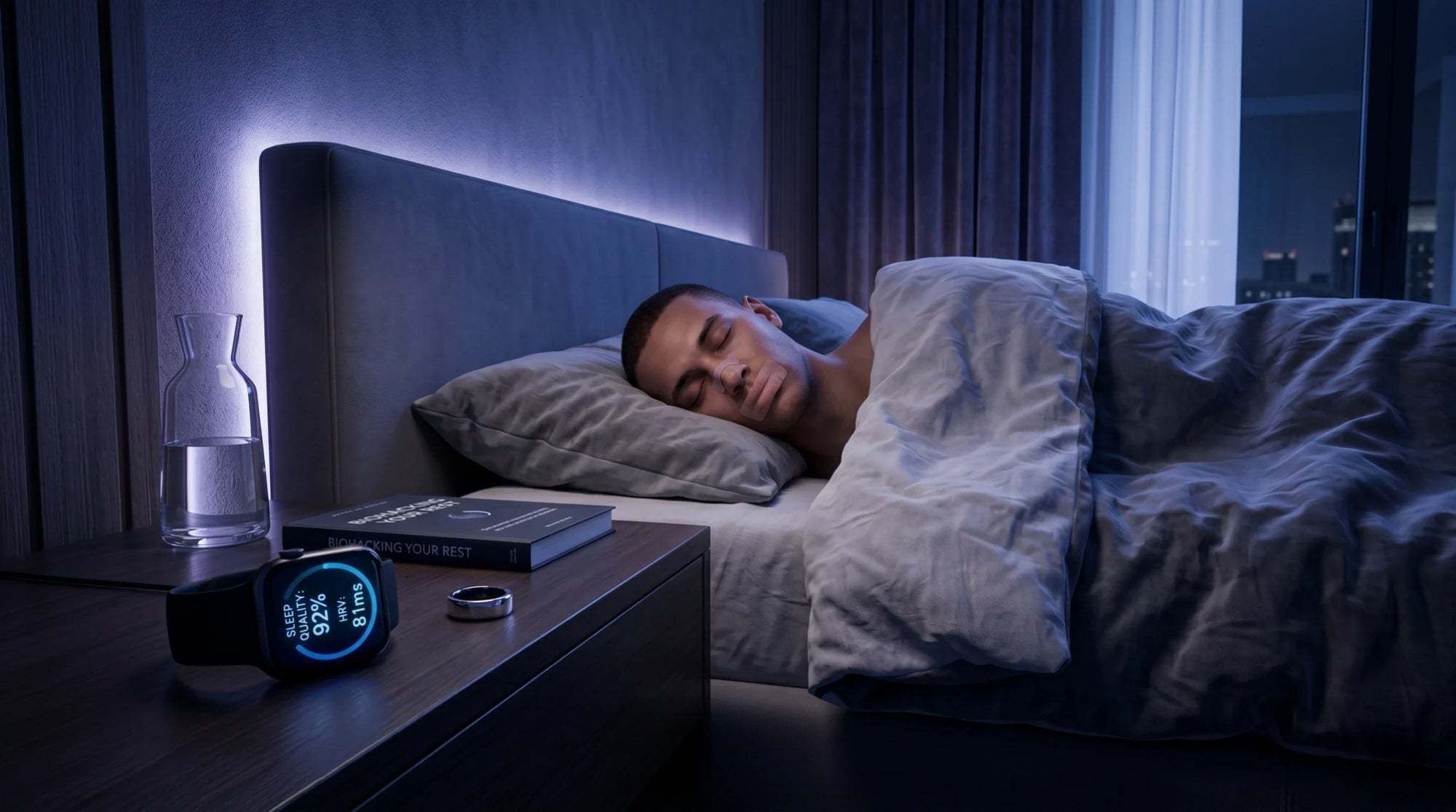 A photorealistic, cinematic wide shot capturing the essence of deep, restorative sleep and modern health optimization.
