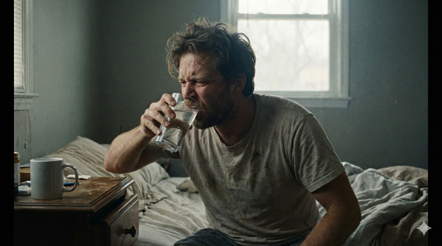 A man waking up in bed in early morning light, looking groggy and parched.